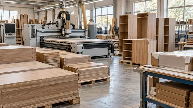 Panel cutting, cabinet furniture and packaging area in a furniture workshop