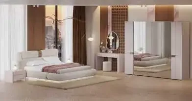 The "Francesca" bedroom (1.8m bed, 2 bedside tables, dressing table with mirror and ottoman, 6-door wardrobe)