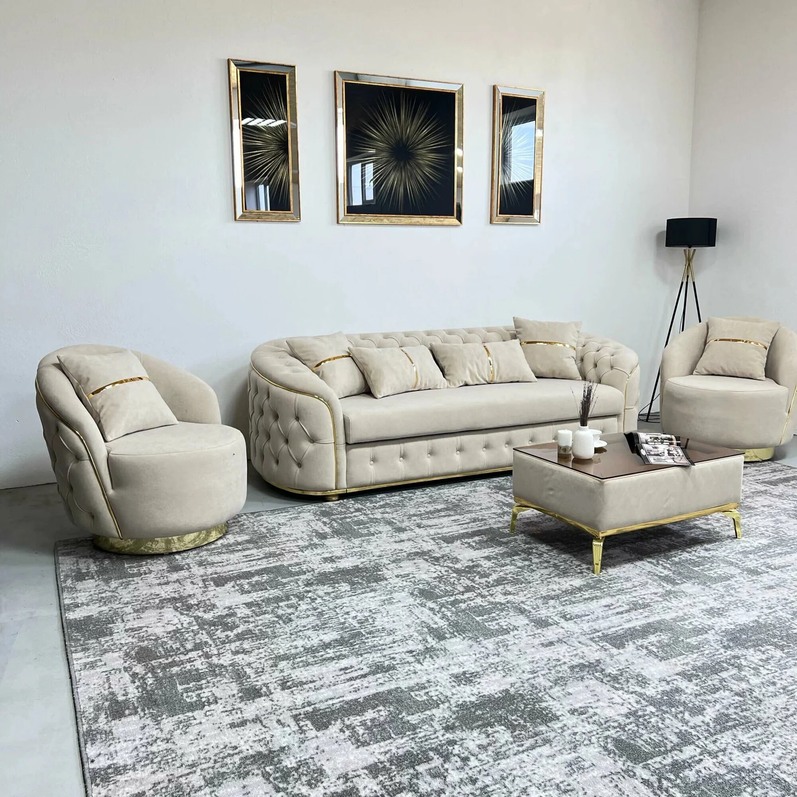 Sofa with 2 chairs, velvet beige, gold accents, pleated fabric, "Delphin" mechanism