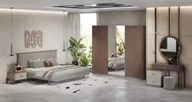 The "Julia" bedroom (1.8m bed, 2 bedside tables, dressing table with mirror and ottoman, 6-door wardrobe)
